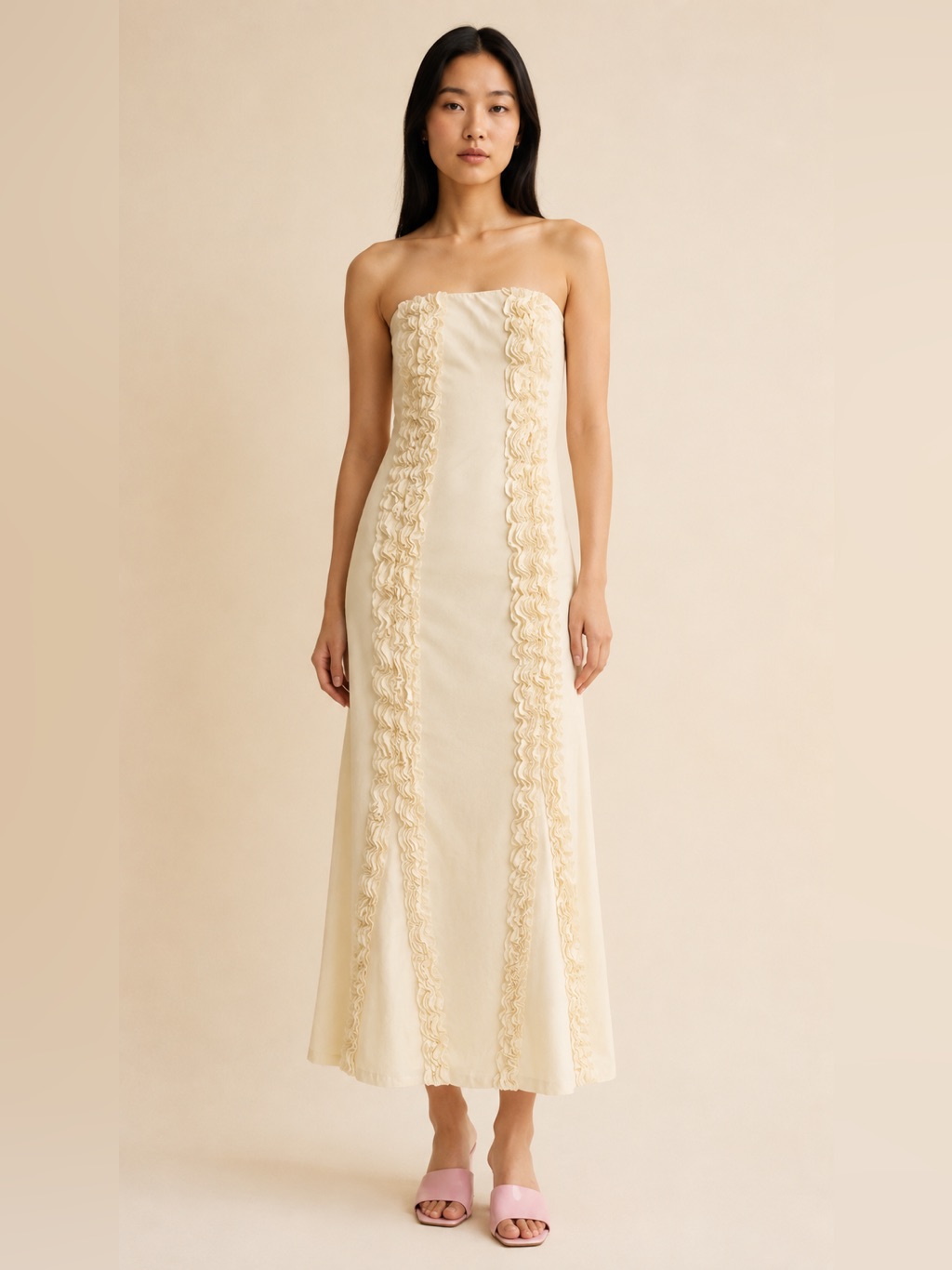 Zara Ivory Embossed Rufflee Cream Lace-Trim Midi Dress